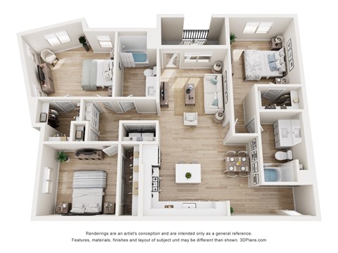 A 3D floor plan of a house with multiple rooms and furniture.